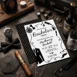 Invitation Hand Drawn Whimsical Doodles Bachelor Party<br><div class="desc">Celebrate the groom-to-be in sophisticated style with this classic black and white bachelor party invitation. This design features whimsical hand-drawn elements, perfectly suited for a memorable guys' night: a bow tie, pocket watch, twinkling stars, and a pour of beer. Perfect for a dapper cocktail evening, a cigar bar celebration, or...</div>