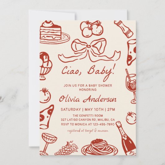 Invitation Hand Drawn Whimsical Italian Pizza Baby Shower (Devant)