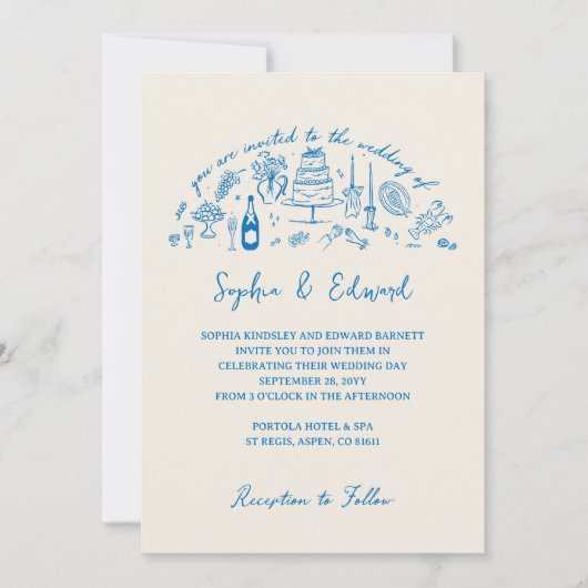 Invitation Hand-drawn whimsical line art wedding style (Devant)