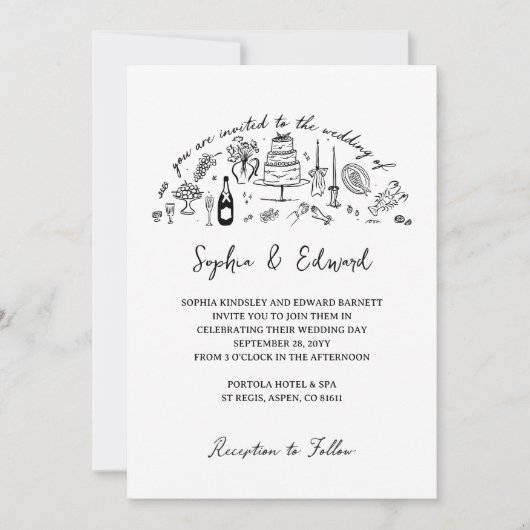 Invitation Hand-drawn whimsical line art wedding style (Devant)