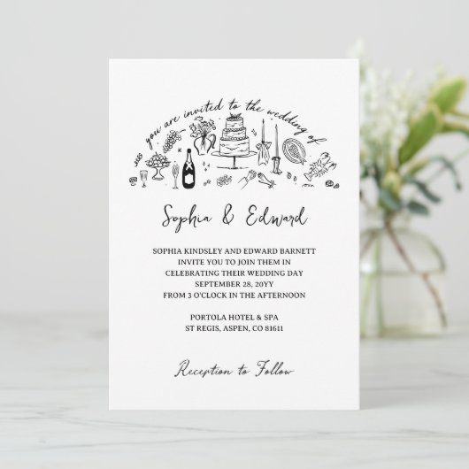 Invitation Hand-drawn whimsical line art wedding style (Debout devant)