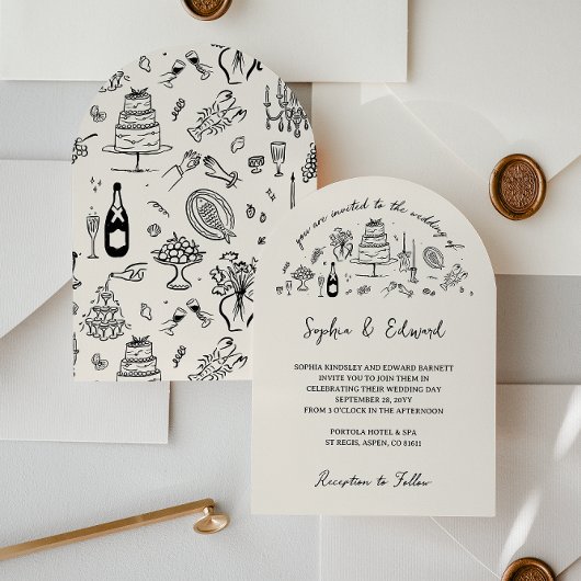 Invitation Hand-drawn whimsical line art wedding style