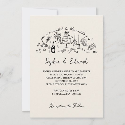 Invitation Hand-drawn whimsical line art wedding style (Devant)