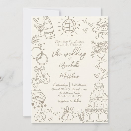 Invitation Hand Drawn Whimsical Vintage Wedding (Devant)
