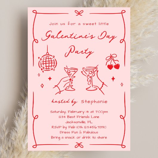 Invitation Hand Drawn Whimsy Pink & Red Galentine's Day Party