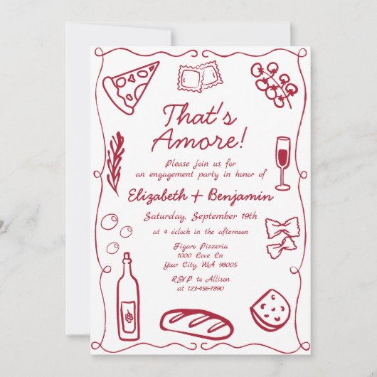 Invitation Hand Drawn Wine Red Retro Italian Engagement Party (Devant)