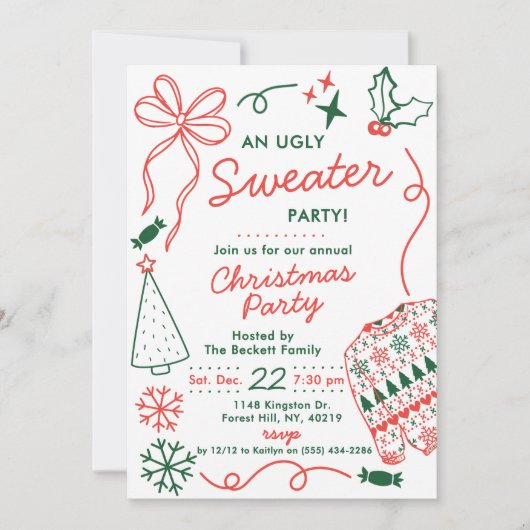 Invitation Hand Drwan Christmas Doodles Ugly Sweater Party (Devant)