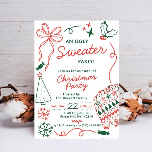 Invitation Hand Drwan Christmas Doodles Ugly Sweater Party