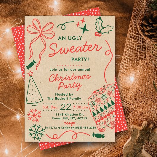 Invitation Hand Drwan Christmas Doodles Ugly Sweater Party