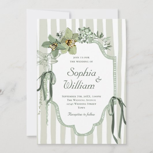Invitation Hand Painted Sage Green Orchids Wedding (Devant)