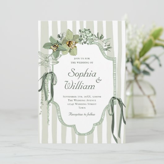 Invitation Hand Painted Sage Green Orchids Wedding (Debout devant)