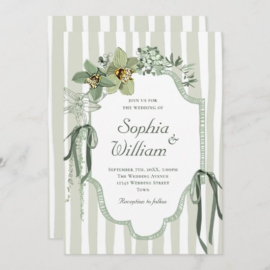 Invitation Hand Painted Sage Green Orchids Wedding (Devant / Derrière)