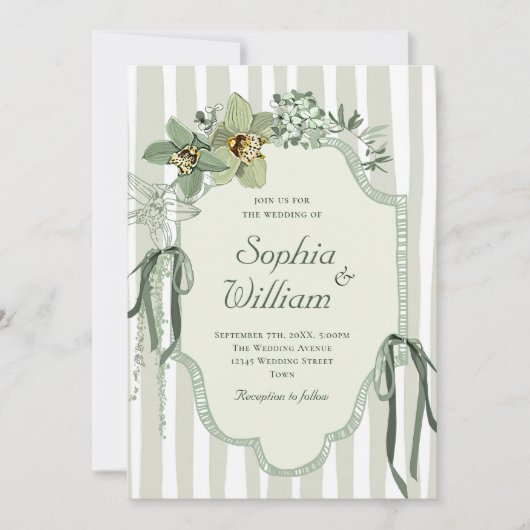 Invitation Hand Painted Sage Green Orchids Wedding (Devant)
