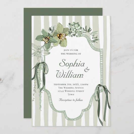Invitation Hand Painted Sage Green Orchids Wedding (Devant / Derrière)