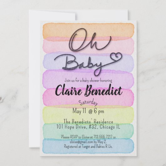 Invitation Hand painted, watercolor, unique baby shower (Devant)