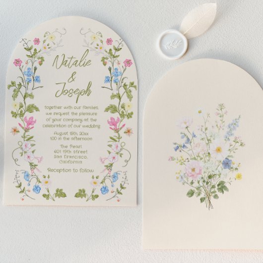 Invitation Hand Written Drawn Floral Summer Arched Wedding