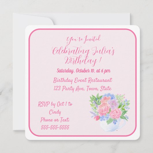 Invitation Handpainted Watercolor Flowers HAPPY BIRTHDAY (Devant)