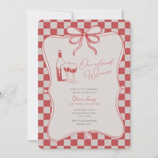 Invitation Handrawn, Bride on cloud wine bridal shower (Devant)
