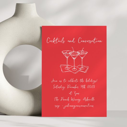 Invitation Handwritten Doodles Cocktails Holiday Red 