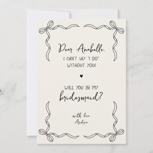 Invitation Handwritten Hand Drawn Bow Fun Bridesmaid Proposal (Devant)