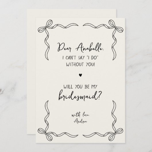 Invitation Handwritten Hand Drawn Bow Fun Bridesmaid Proposal (Devant / Derrière)
