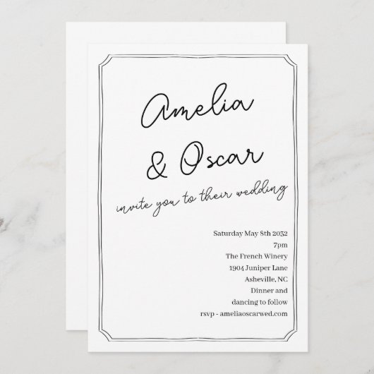 Invitation Handwritten Script Doodle Frame Wedding White (Devant / Derrière)