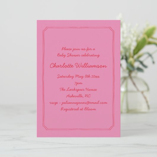 Invitation Handwritten Script Pink Red Border Baby Shower (Debout devant)