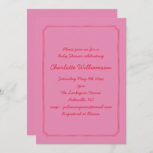 Invitation Handwritten Script Pink Red Border Baby Shower (Devant / Derrière)
