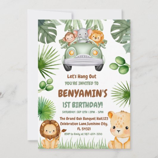 Invitation Hang OuT Bébé Lion verdure Premier anniversaire (Devant)