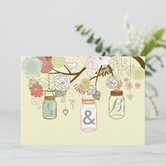 Invitation Hanging Mason Jar & Retro Fleurs Mariage Inviter (Debout devant)
