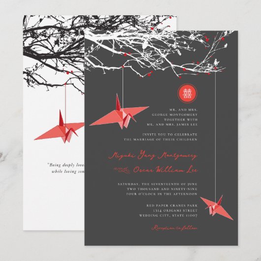 Invitation Hanging Red Paper Cranes Love Citation Mariage asi (Devant / Derrière)