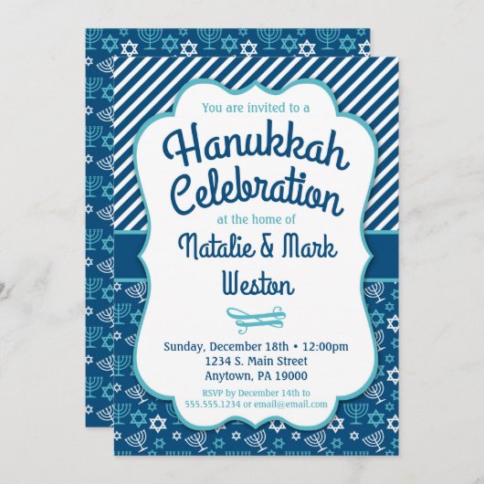 Invitation Hanoukka Blue Menorah Star De David (Devant / Derrière)