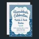 Invitation Hanoukka Blue Menorah Star De David<br><div class="desc">Une jolie invitation Hanoukka bleue avec une menorah et Star of David motif en bleu et turquoise,  avec des rayures bleues et blanches. Laissez ce charmant et amusant invitation de fête de Chanukah être votre façon élégante de célébrer les fêtes.</div>