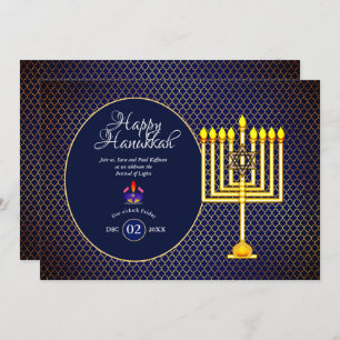 Invitation Hanoukka Party Blue Gold Menorah 3