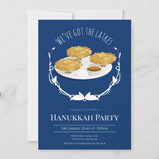 Invitation Hanoukka Party Smiling Latkes Blue White Holiday (Devant)