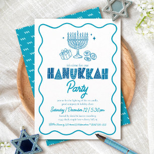 Invitation Hanukkah blanc Typographie Turquoise Doodle Fête
