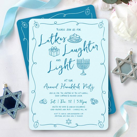 Invitation Hanukkah Latke Laughter Light Teal Doodles Party