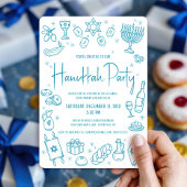 Invitation Hanukkah Teal Hand Drawn Doodles Whimsical Party