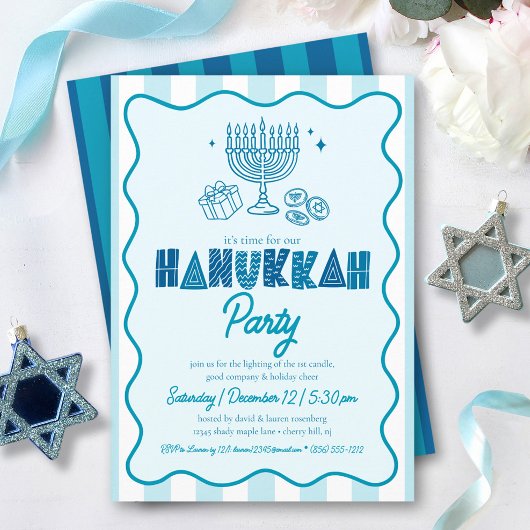 Invitation Hanukkah Turquoise Fun Typography Doodles Stripes