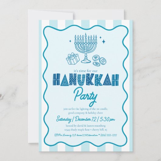 Invitation Hanukkah Turquoise Fun Typography Doodles Stripes (Devant)