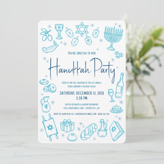 Invitation Hanukkah Turquoise Hand Drawn Doodle Playful Party (Debout devant)