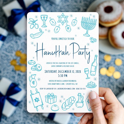 Invitation Hanukkah Turquoise Hand Drawn Doodle Playful Party