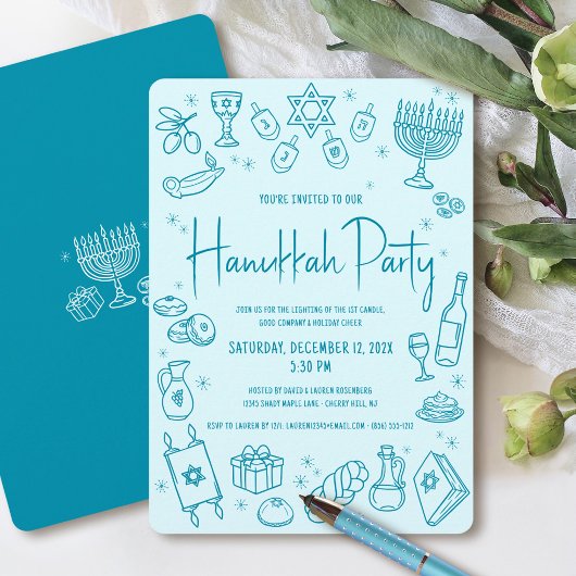 Invitation Hanukkah Turquoise Hand Drawn Fun Whimsical Party