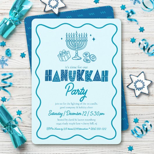 Invitation Hanukkah Turquoise Typography Playful Doodle Party