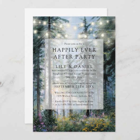 Invitation Happily Ever After Forest String Lights Wedding (Devant / Derrière)