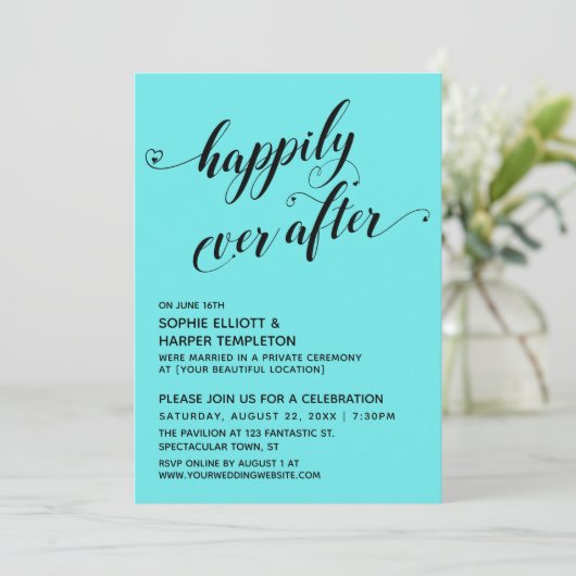 Invitation Happily Ever After Hearts Script Réception Aqua (Debout devant)