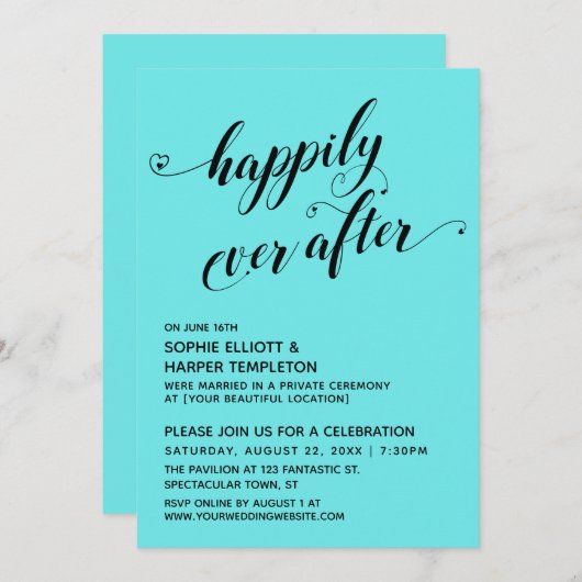 Invitation Happily Ever After Hearts Script Réception Aqua (Devant / Derrière)