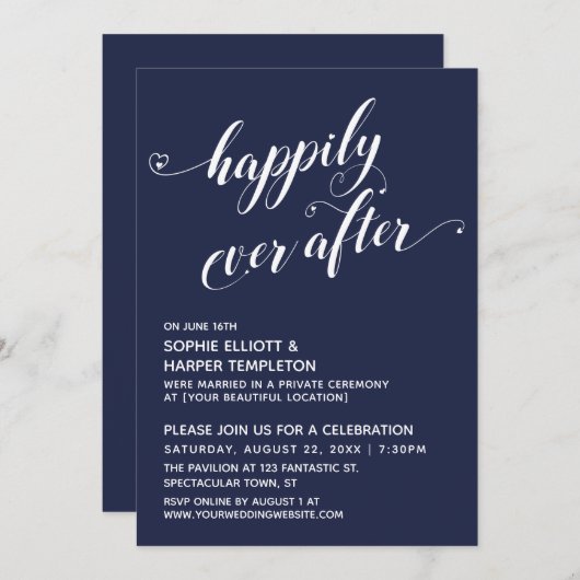 Invitation Happily Ever After Hearts Script Réception Navy (Devant / Derrière)