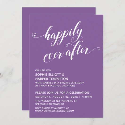 Invitation Happily Ever After Hearts Script Réception Violet (Devant / Derrière)
