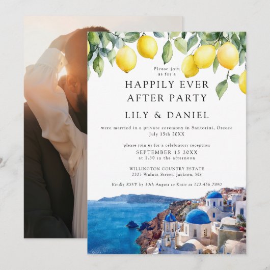 Invitation Happily Ever After Lemons Santorini Photo Wedding (Devant / Derrière)